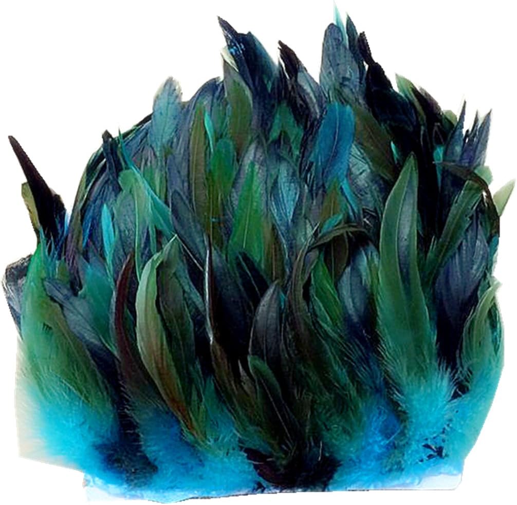 PANAX Real Rooster Feathers on 2m/2.18 Yard strips of Fabric - Ideal for Carnival, Halloween, crafts, Handwerk, DIY, clothing, costumes, decoration Lightblue