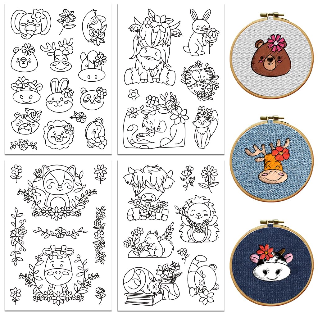peacoblue Water Soluble Embroidery Patterns for Beginners 4 Sheets Animals Wearing Flowers with 37pcs Patterns, Wash Away Stick and Stitch Dissolvable Embroidery Paper for Hand Sewing Lovers — image 1