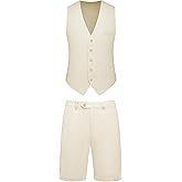 Dbutiy Mens 2-Piece Linen Summer Suit - Beach Wedding Guest Outfit with Vest and Shorts Set