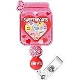 Valentine's Day Badge Holder Retractable - Pink Sweethearts ID Badge Reel with Alligator Clip Holiday Gift for Nurses, Love Acrylic Glitter Name Badge Reels Suitable for School Teachers