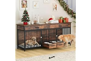 DWVO 91.3" Double Dog Crate Furniture with Dog Feeder, Dog Kennel Furniture with Drawers, Indoor Dog House TV Stand with 2 Room Divider for 2 Medium Large Dogs, Brown