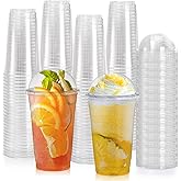 Okllen 100 Pack 24 Oz Plastic Cups with Dome Lid and Hole, Disposable Clear Drinking Cups for Party Milkshake To Go Iced Cold Coffee, Juice, Smoothie, No Straw