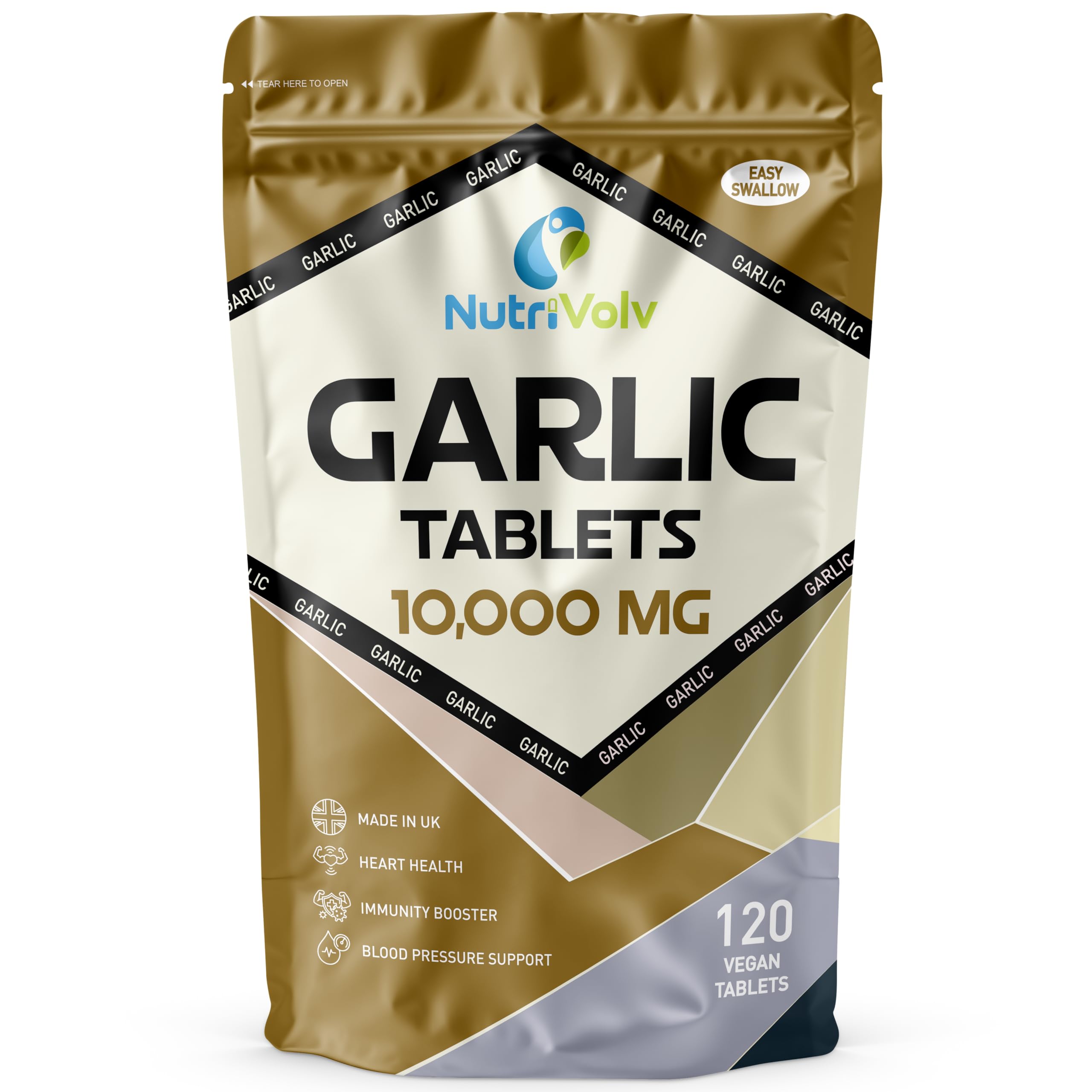 Garlic 10000mg High Strength Supplements Nutrition for Blood Pressure Support, Improved Heart Health, and Robust Immune System — Pack of 120 Healthcare Tablets