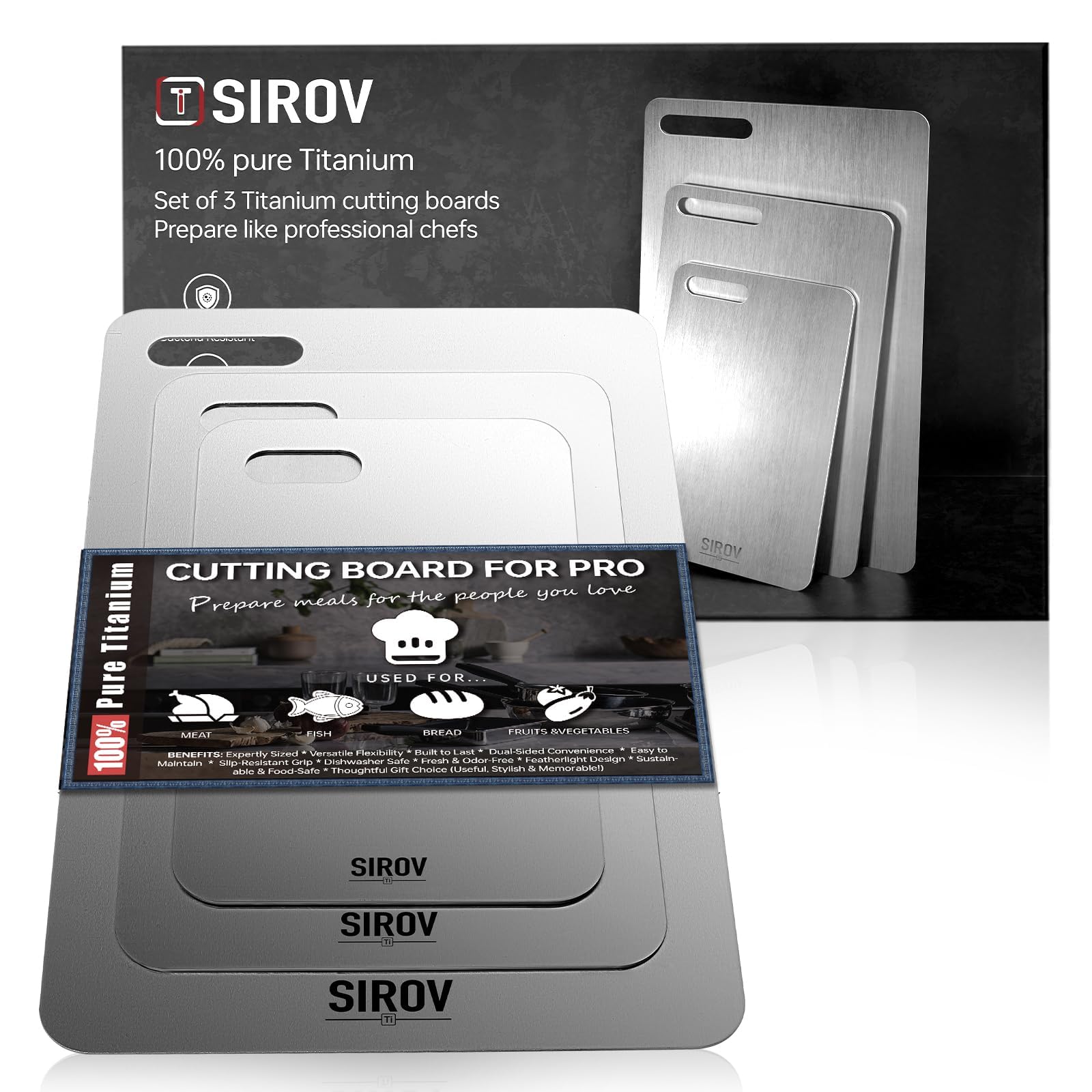 Photo 1 of Titanium Cutting Board set of 3, 100% Pure Titanium Cutting Boards For Kitchen, Best Non Toxic titanium chopping board, Dishwasher safe, Hygiene and Durability for Meat, Fruit, and Vegetables (3PCS)