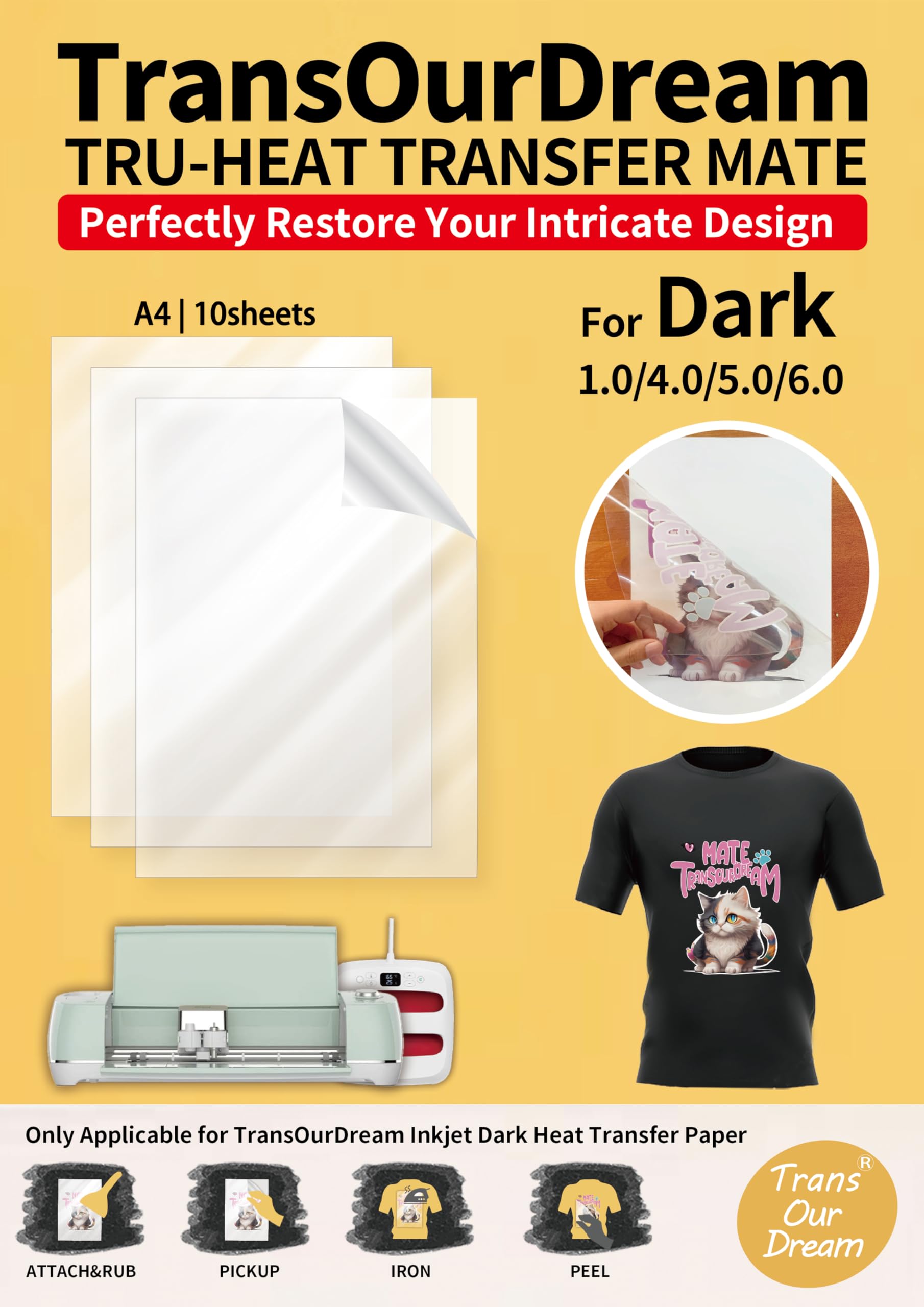 TransOurDream Transfer Tape for Vinyl Inkjet Printer Printing 10 Sheets A4 Cutting Weeding for Cricut Use with Our Dark Heat Transfer Paper(Dark-tape-10) — image 1