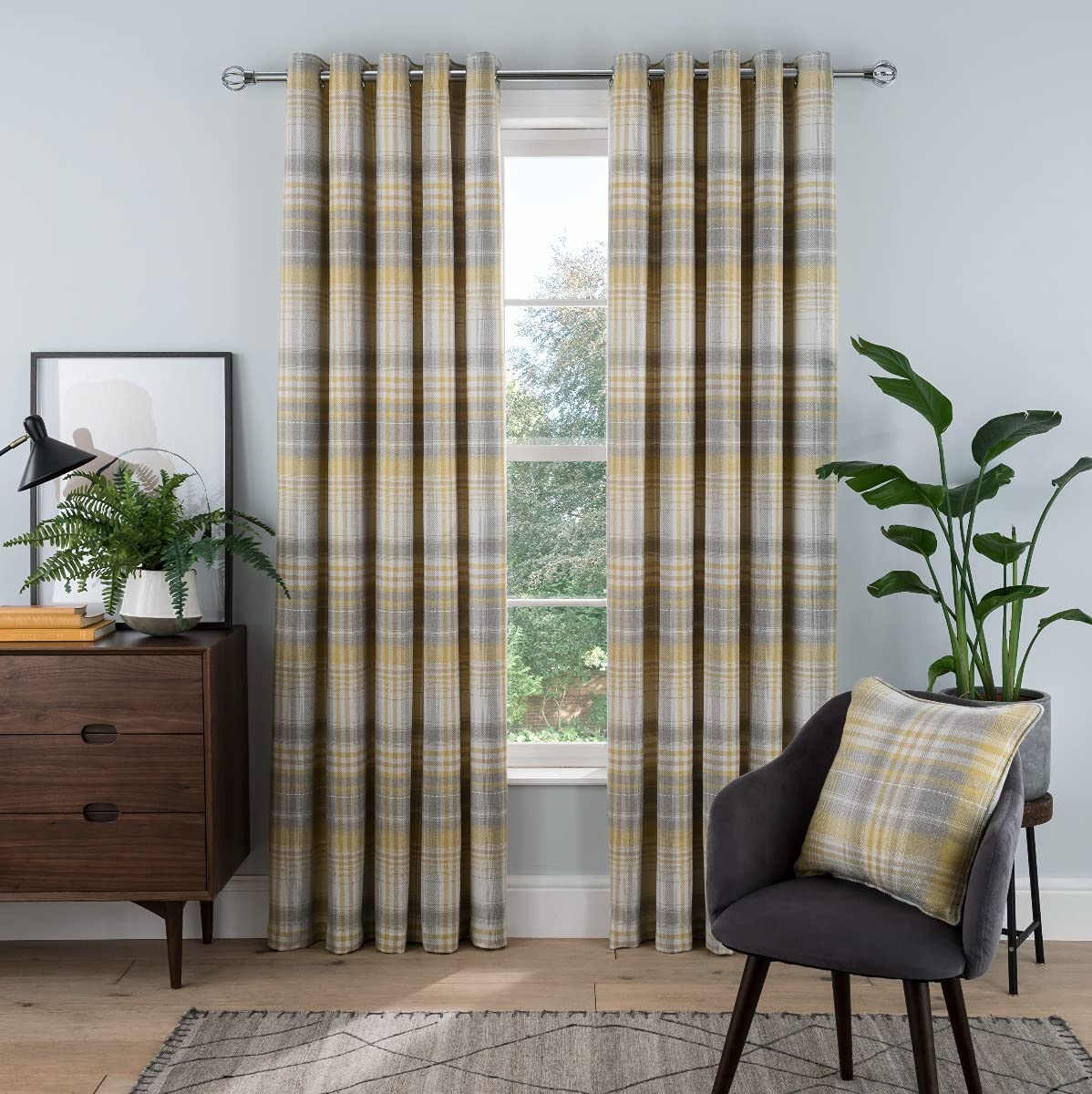 Sleepdown Woven Brushed Check Eyelet Lined Curtains for Bedroom and Living Room 66 x 72 Inch Ochre 2 Panels