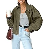 Kissonic Women's Oversized Jackets Faux Suede Bomber Jacket Lapel Pilot Cropped Casual Coat for Streetwear Outerwear