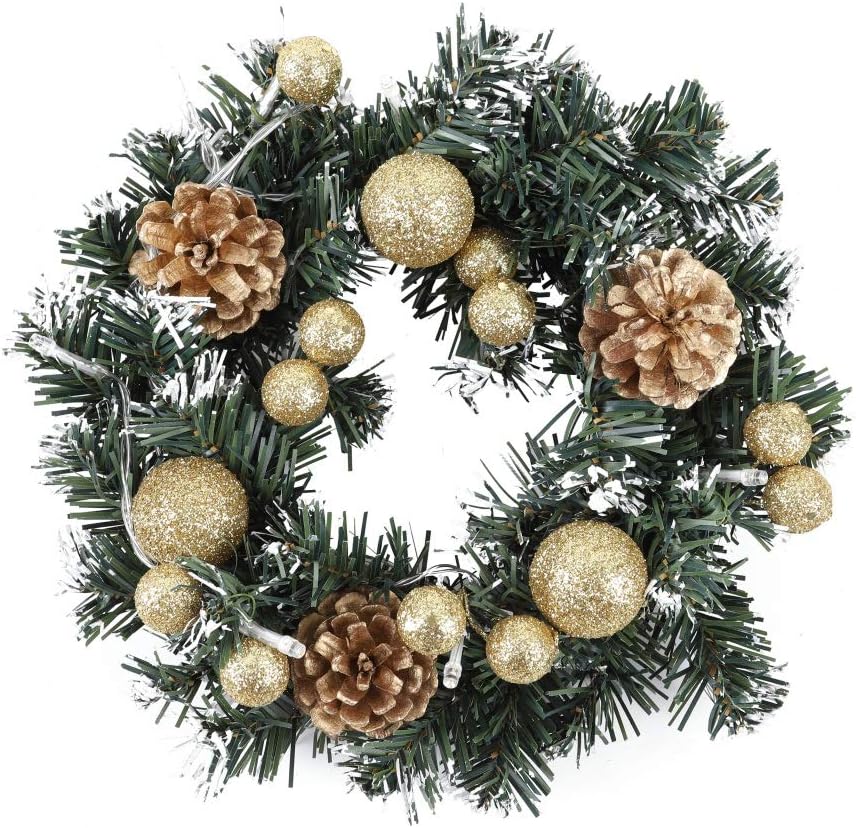 Savlot Christmas Wreath LED Lights 9.8 inch / 25 cm Pine Branches, Christmas Garland String for Front Door with Snow Gold Berries Pine Cones Indoor Outdoor Xmas Door Stairs Battery Operated