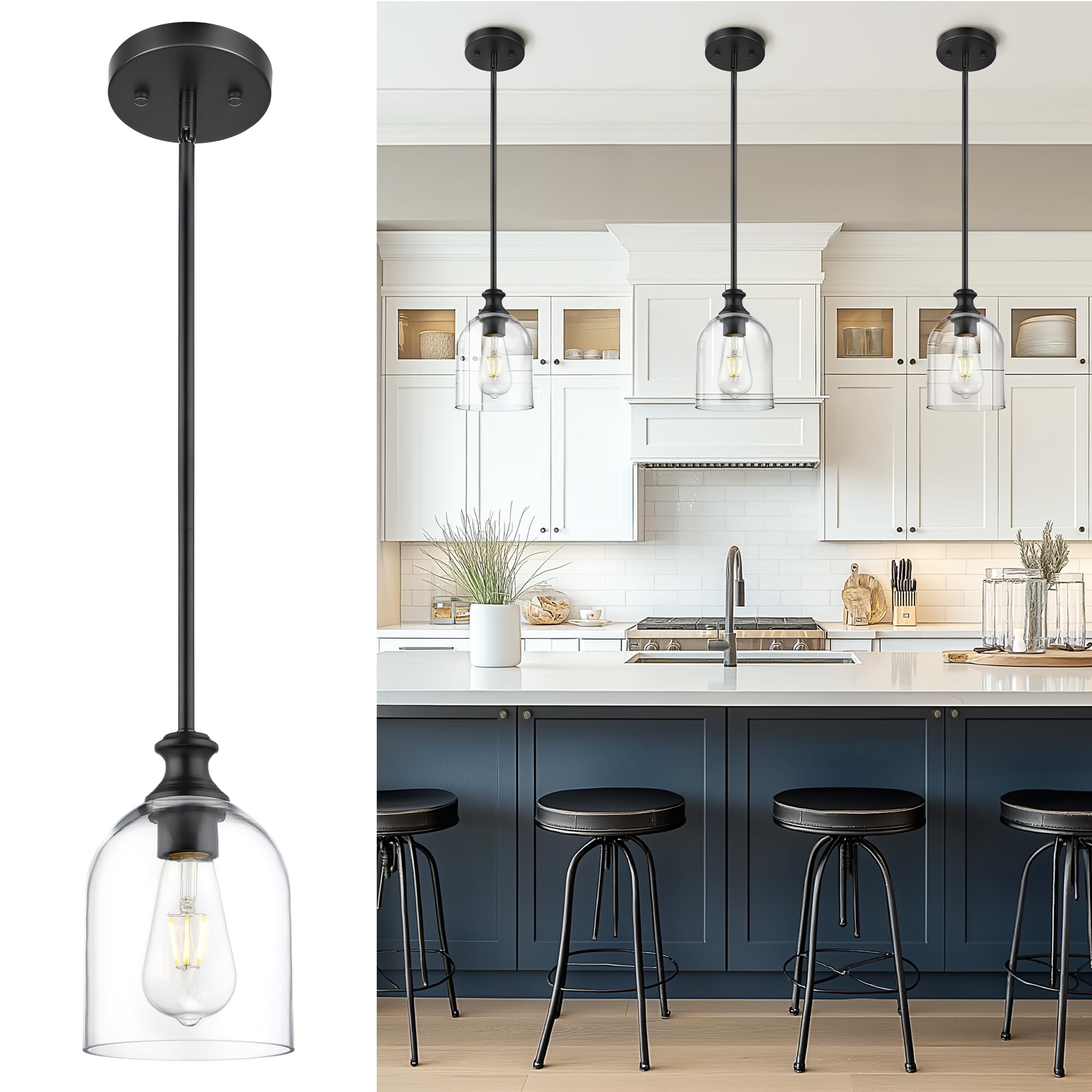 Photo 1 of AUTELO Black Pendant Lights Kitchen Island, 1-Light Pendant Lights in Black Finish with Clear Cylinder Glass, Modern Pendant Light Fixtures, Hanging Lamp for Kitchen Island H2511 CLBK