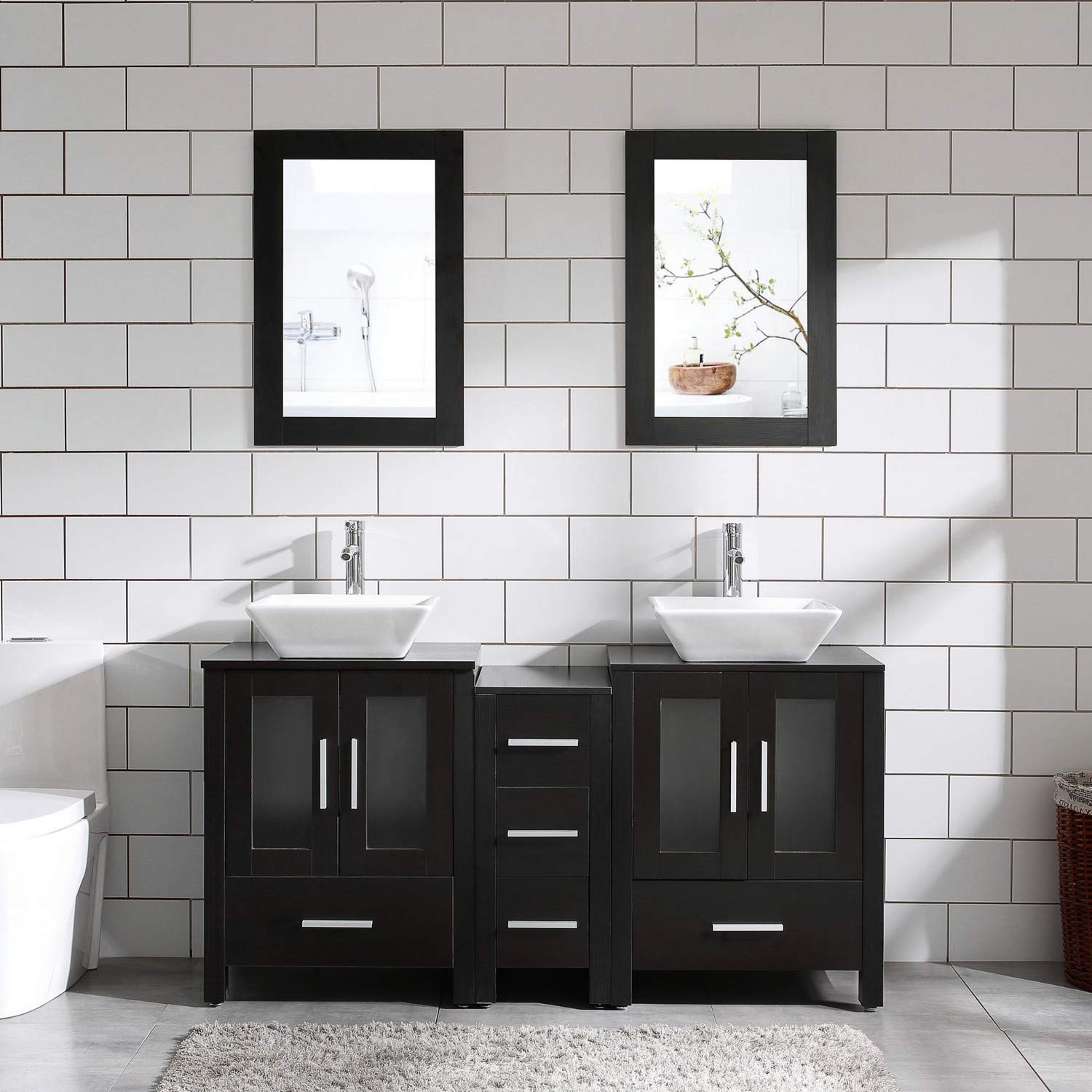 60 Bathroom Vanity Cabinet Double Top Sink Combo Black Mdf Wood W Mirror Faucet And Drain Buy Online In Antigua And Barbuda At Antiguadesertcartcom Productid 105317092