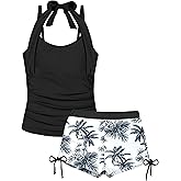 TALLWH Girls Swimsuit 2 Piece Halterneck Girls Tankini Swimsuit Drawstring Printed Swim Shorts Girl Bathing Suit for 7-16T