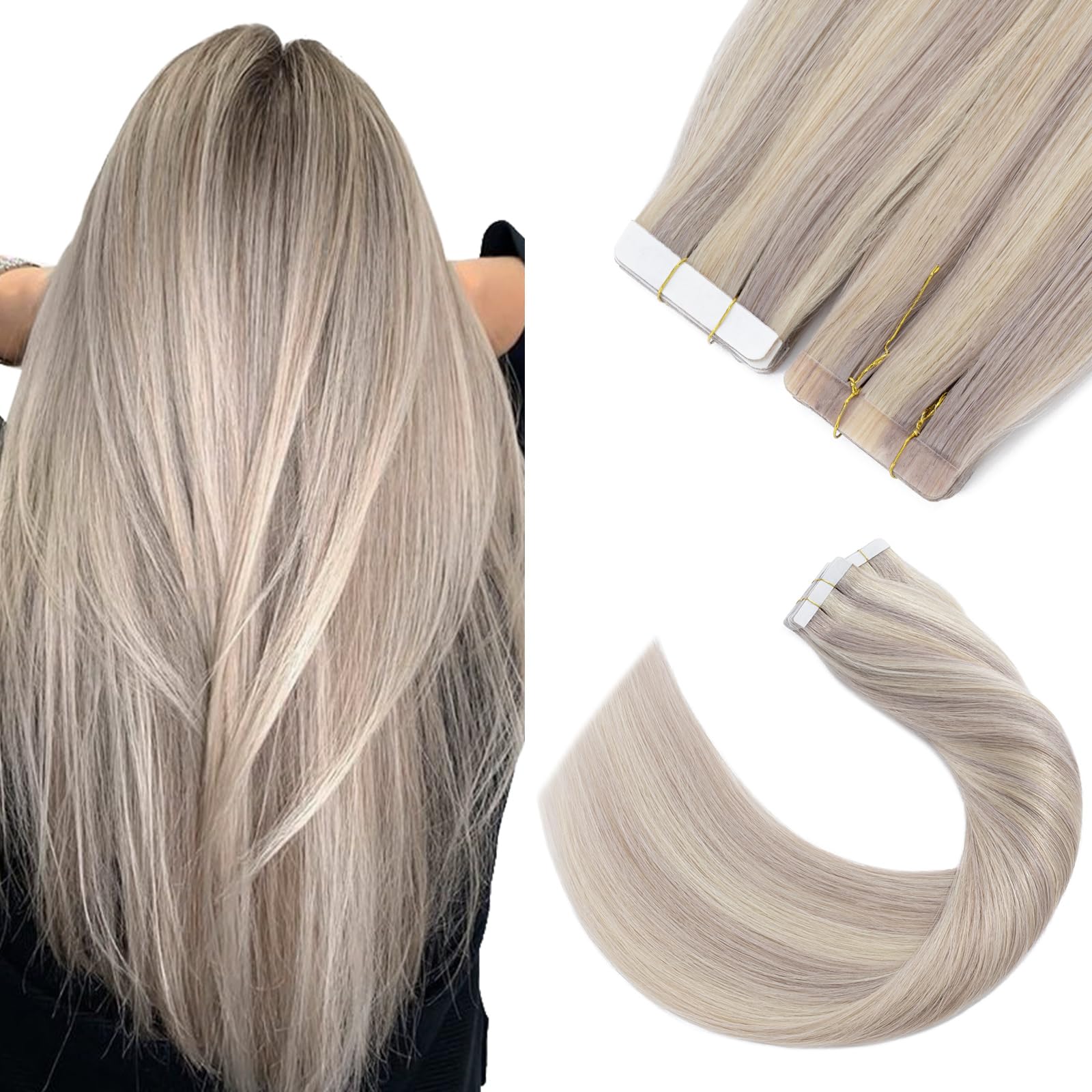 18inch Tape in Hair Extensions Real Remy Human Hair Extension Ombre Balayage Hair Tapes on Grey/Bonde Hair Extensions