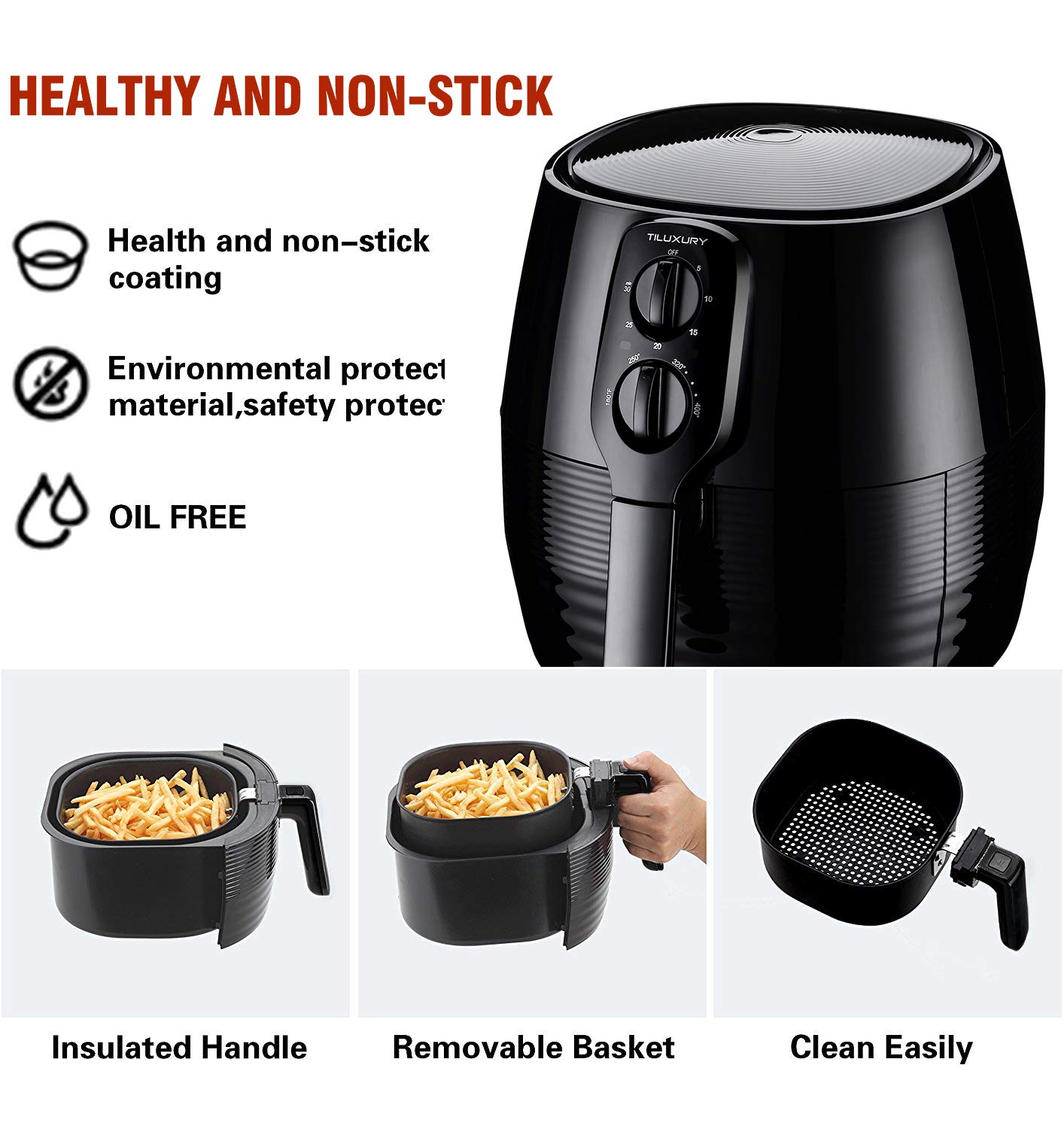 TILUXURY Hot Air Fryer with 3.7QT Detachable Basket, Healthy Oil Free