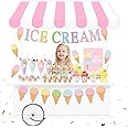Ice Cream Party Stand Decor Kit - Summer Sundae Kids Playstand Play Shop Banner Waterproof Canopy Table Sign Cups Tag Stickers, DIY Ice Cream Themed Party Shop Cart, Girls Boys Role Play