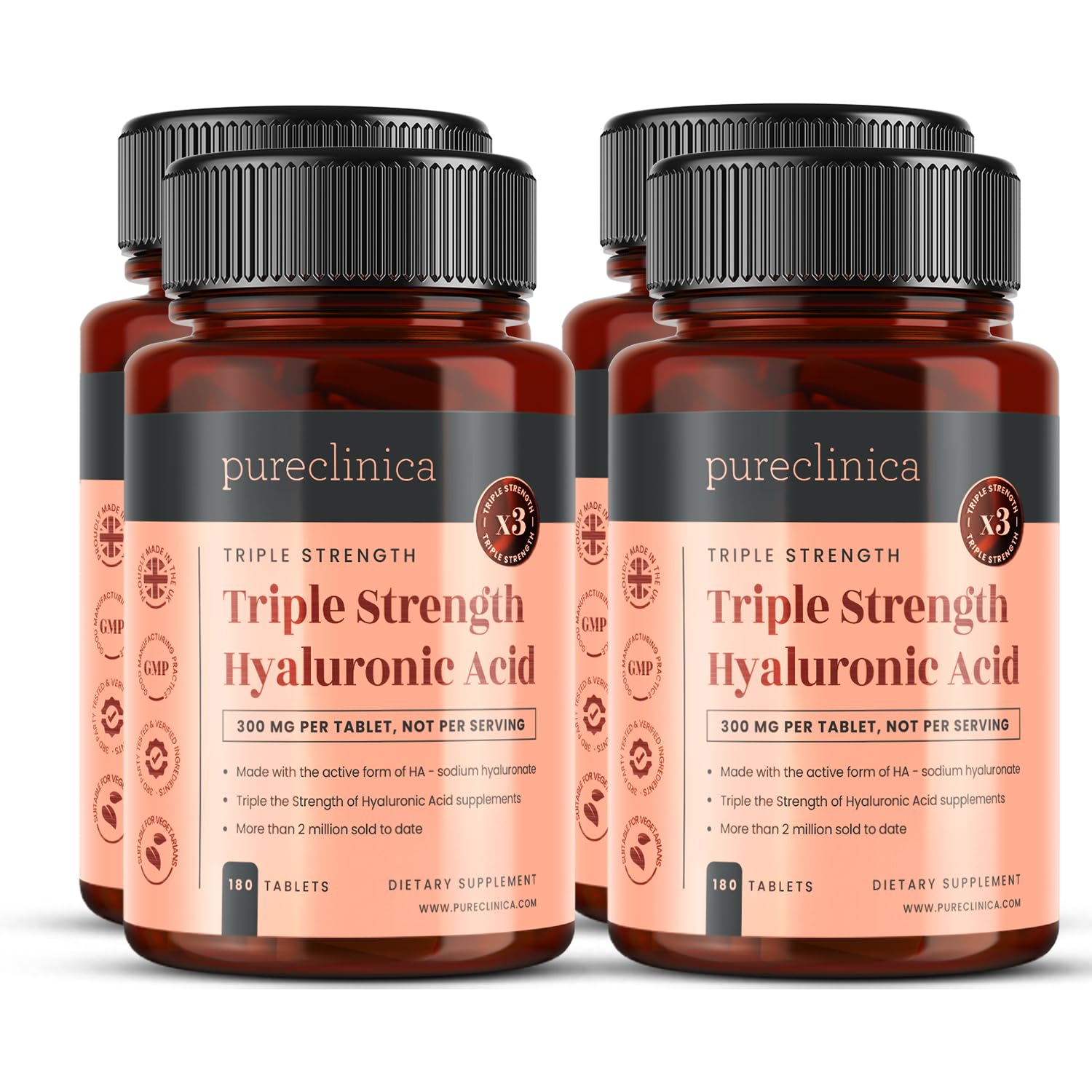 Triple Strength Hyaluronic Acid 300mg x 720 Tablets (4 Bottles of 180) - 2 Years Supply. 300% Stronger Than Any Other HLA Tablet.