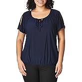 Star Vixen Womens Plus-Size Short/Slit Sleeve Keyhole-tie Peasant Top Bubble Hem