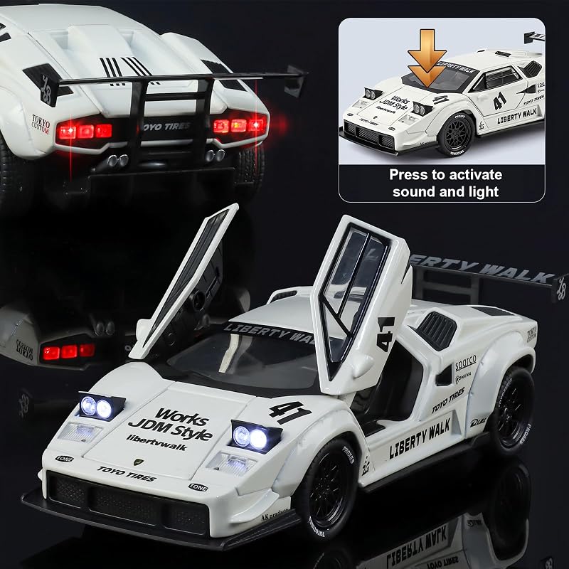Modelo de Carro Lamborghini LBWK Countach 1/32, Veículos de Retirada de Liga de Zinco Modelo de Carro com Som e Luz para Colecionadores e Crianças Presente de Aniversário de 3 Anos (Branco)