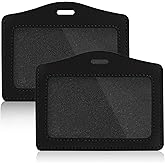 2 Pcs Genuine Leather ID Badge Holder Horizontal Single-Side Clear Card Holder Waterproof Name Badge Holder for Office, Staff, Students, Employees (Black&Black)