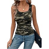 SOLY HUX Women's Camo Print Ruched Tank Top Square Neck Sleeveless Summer Tops