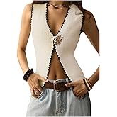 WDIRARA Women's Metal Button Sweater Vests Contrast Trim Split V Neck Sleeveless Pullover Knit Tank Tops