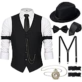 YESSA 1920s Mens Costume,1920 Mens Outfit,Roaring 20s Costumes for Men,1920s Hat Vest Pocket Watch Suspenders Tie