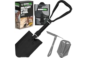 RHINO USA Folding Survival Shovel w/Pick - Heavy Duty Carbon Steel Military Style Entrenching Tool for Off Road, Camping, Gardening, Beach, Digging Dirt, Sand, Mud & Snow.