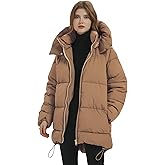 PEHMEA Women Mid-Length Puffer Hooded Jacket Winter Padded Warm Coat Thicken Outerwear Coats(Khaki-XL)