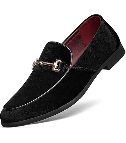 Men\'s Plain Black Vintage Velvet Loafer Metal Buckle Slip On Classic Shoes Amazon.com | Men main image 4
