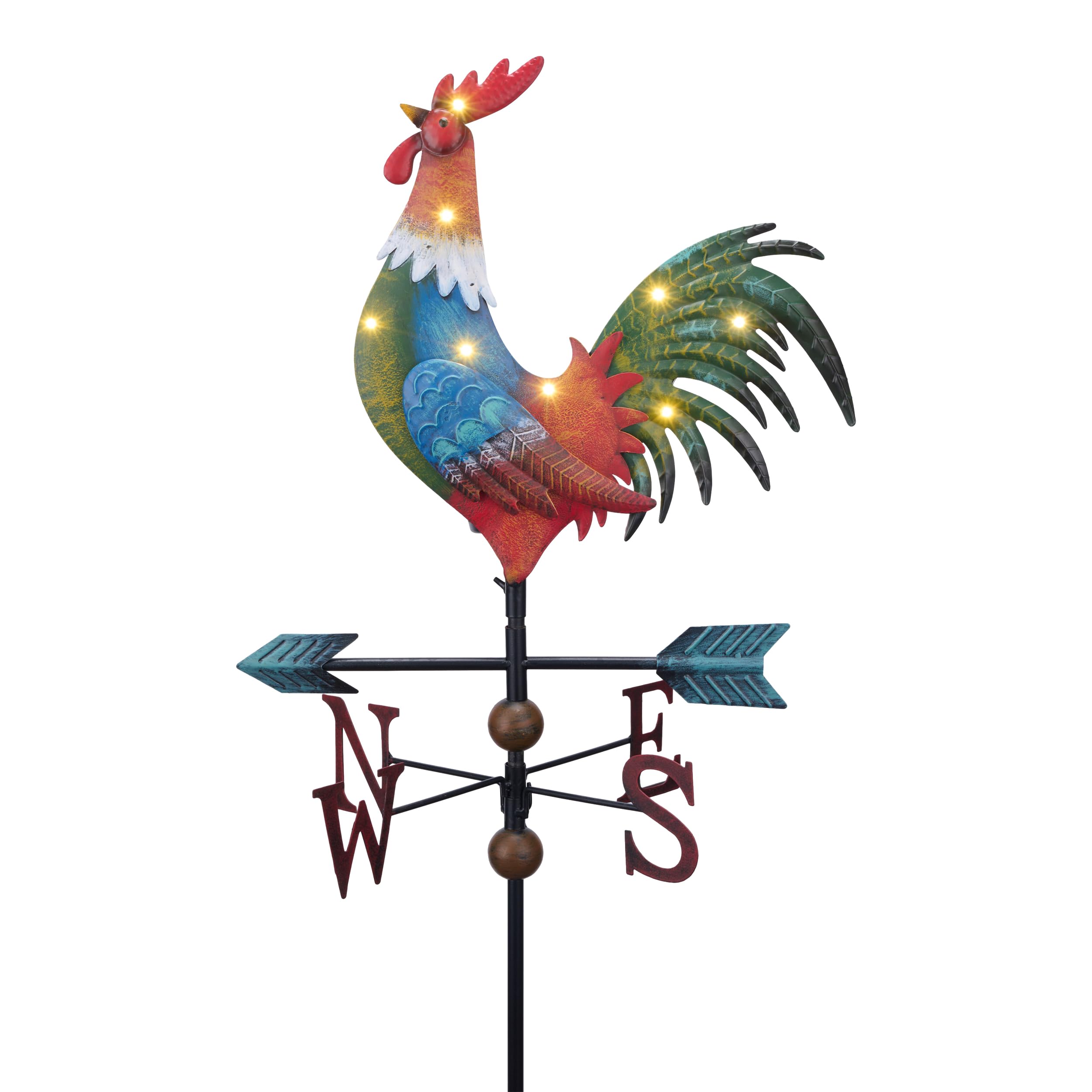 TERESA'S COLLECTIONS Garden Ornaments Outdoor, 86cm Metal Rooster Weather Vane with Solar Light, Waterproof Garden Stake Decoration for lawn,Yard & Eave, Gifts for Women, Red