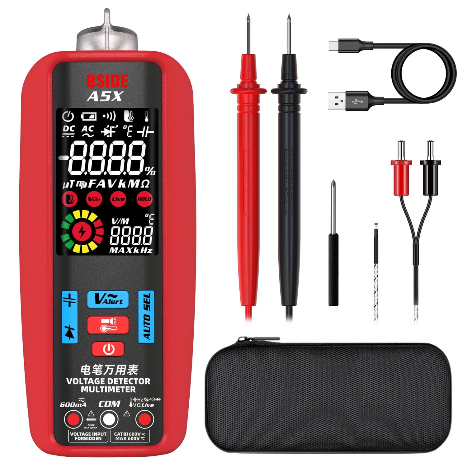 BSIDE Rechargeable Smart Digital Multimeter Professional Voltmeter Ammeter Auto Range Colour LCD AC DC Voltage Current Capacitance Ohm Hz Diode Continuity Tester with NCV VFC Carrying Case