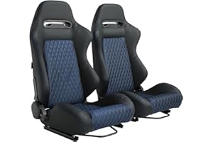 JIABEIR Racing Seats,One Pair Universal Bucket Racing Seats For Cars With Dual Lock Sliders,Black PVC Leather Blue Diamond Shiny Mesh Fabric(Not Including Seat Bracket)