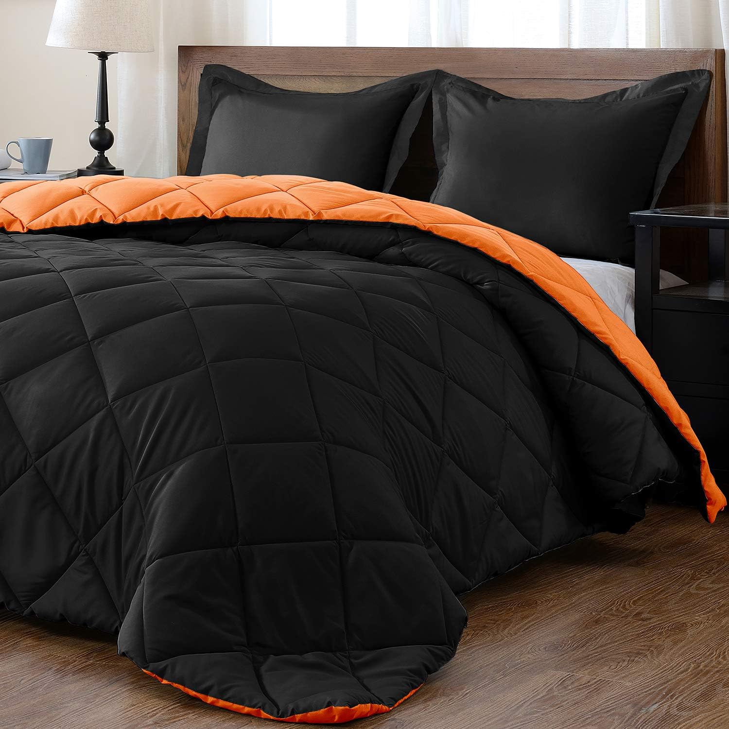 downluxe Lightweight Solid Comforter Set (Queen) with 2 Pillow Shams - 3-Piece Set - Orange and Black - Down Alternative Reversible Comforter: Home & Kitchen