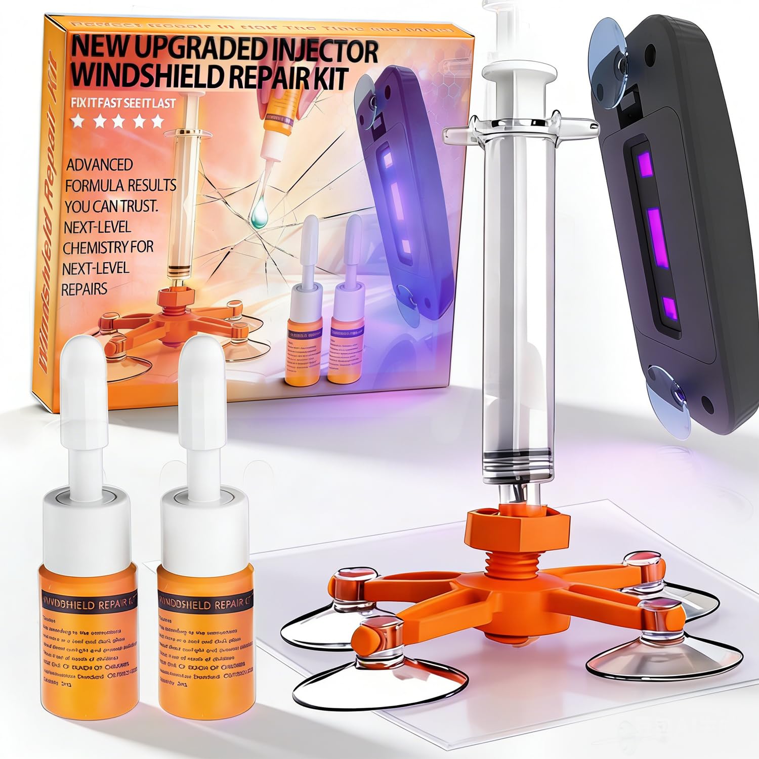 Photo 1 of Windshield Repair Kit, Windshield Crack Repair Kit with Suction Cup Curing Light, 2 Pcs Car Glass Repair Kit Quick Fix for Chips & Cracks, Windshield Chip Repair Kit, Automotive Nano Fluid?Orange?