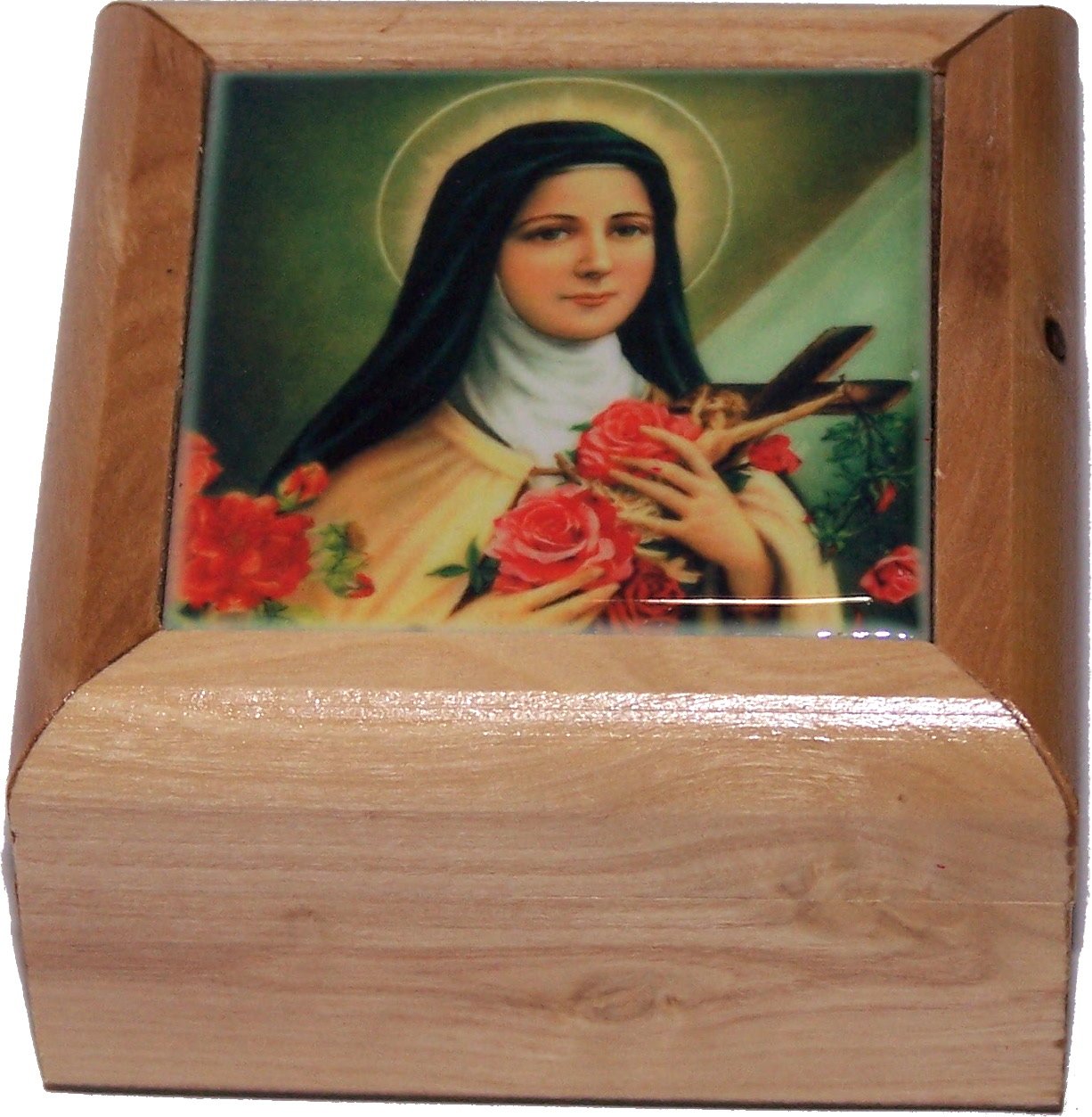 Holy Land Market First Communion Box - Rosary Box - Bethlehem Olive Wood (Cerarmic - St. Theresa)