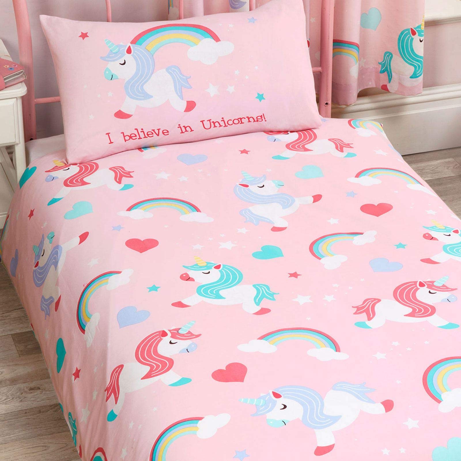 Price Right Home I Believe In Unicorns Pink Rainbows Kids Bedroom Range - Duvet Cover Sets and Curtains Available (Junior Duvet Cover Set)