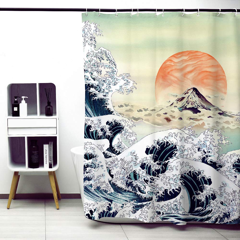Obal Great Wave Off Kanagawa Shower Curtain, Ukiyo-E Japanese Style Bathroom Curtains Water Resistant Mould Free Polyester Heavy Weight Bath Accessory With 12 Curtain Hooks Washable, 180cm * 180cm