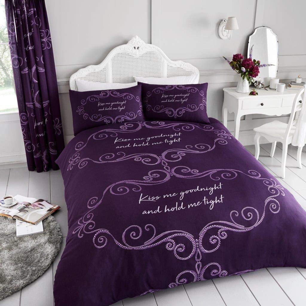 Gaveno Cavailia Luxurious GOOD NIGHT Bed Set with Duvet Cover and Pillow Cases, Polyester-Cotton, Purple, Single