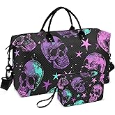 Skull Travel Duffle Bag Gym Bag, Neon Purple Gothic Skull Weekender Bags for Women with Toiletry Bag Travel Tote Bag Swim Bag