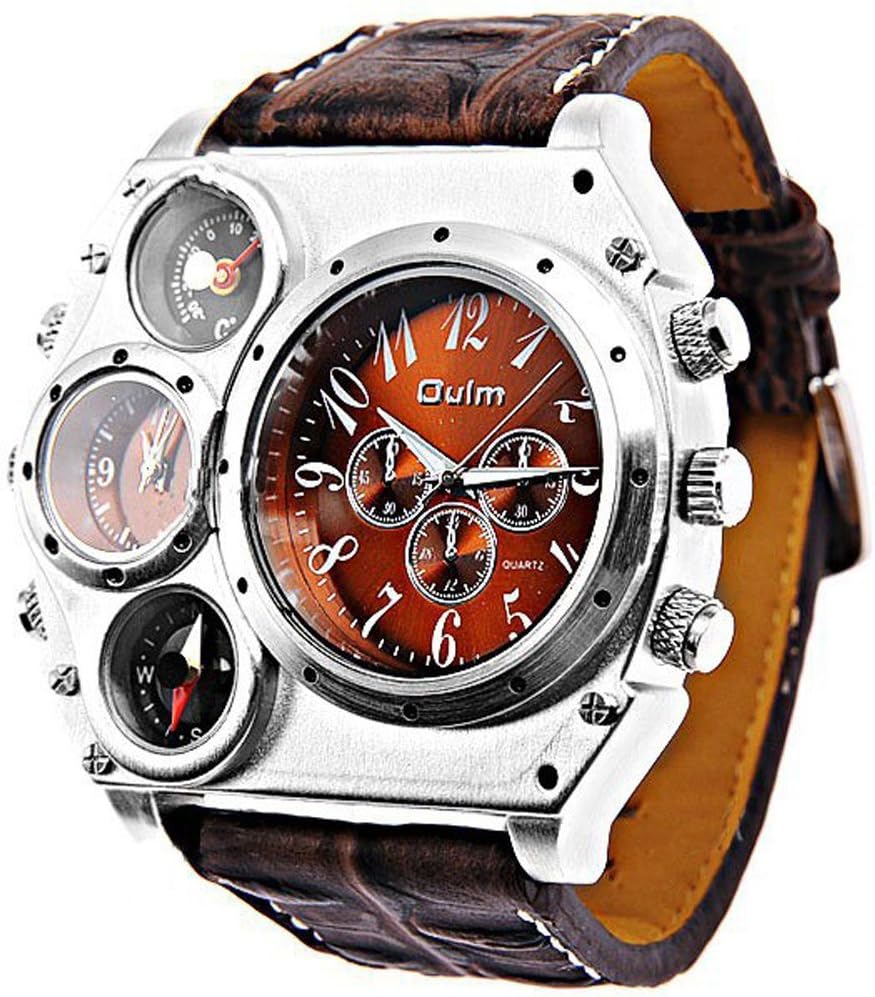 EZSKIDKA (OULM) Dual Time Display Quartz Wrist Watch with Thermometer & Compass for Men SWMN2-208664 (Brown)
