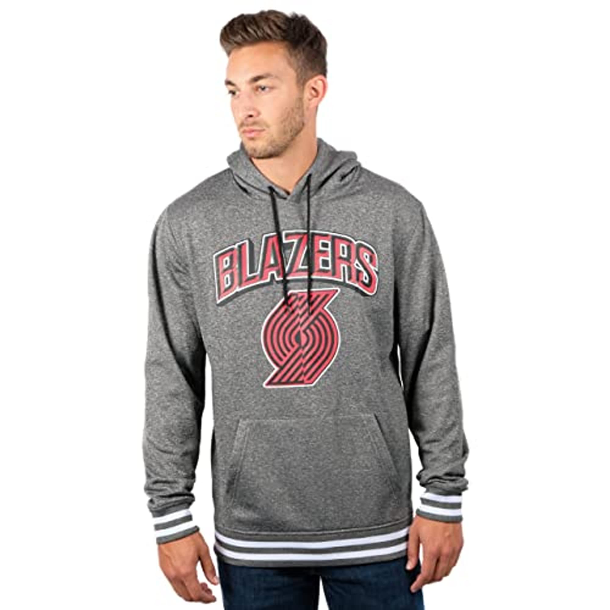 Ultra Game NBA Portland Trail Blazers Men's Fleece Hoodie Pullover Sweatshirt Rib Stripe, Small, Charcoal Image