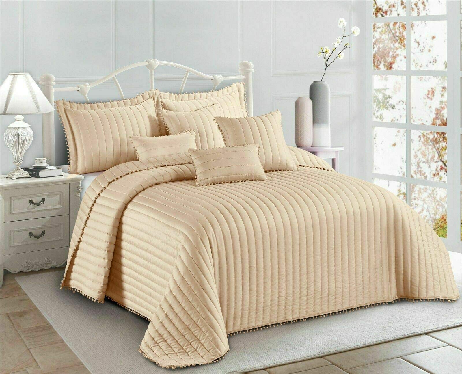 PRIME LINENS 3 Piece Quilted Bedspread Embossed Pattern Comforter Bedding Set Bed Throw with Pillow Shams (Pom Pom Beige, Super King)