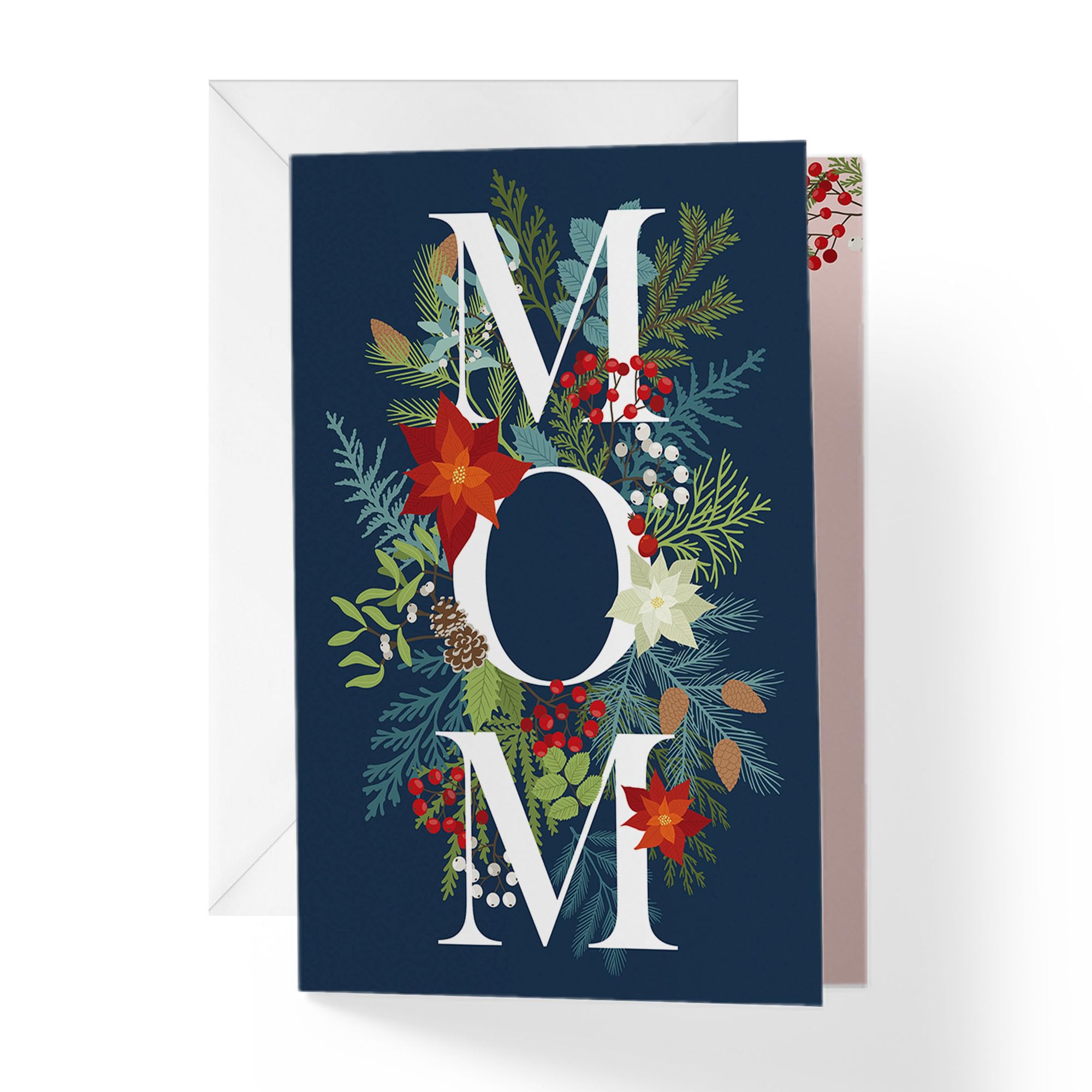 View 1 of 1Up Greetings Christmas Card for Mom | MOM with Xmas Florals | Your Purchase Helps Animals In Need | 5”x7.5” | Individual Card + Envelope | Woman Owned Small Business | Made in USA | XMASMOM2