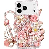 Changjia for iPhone 17 Pro Max Glitter Bling Case,Cute Luxury 3D Sparkle Crystal Rhinestones Flowers Diamond Pearl Gems with Lanyard Wrist Strap Women Girls Phone Case for iPhone 17 Pro Max 6.9", Pink