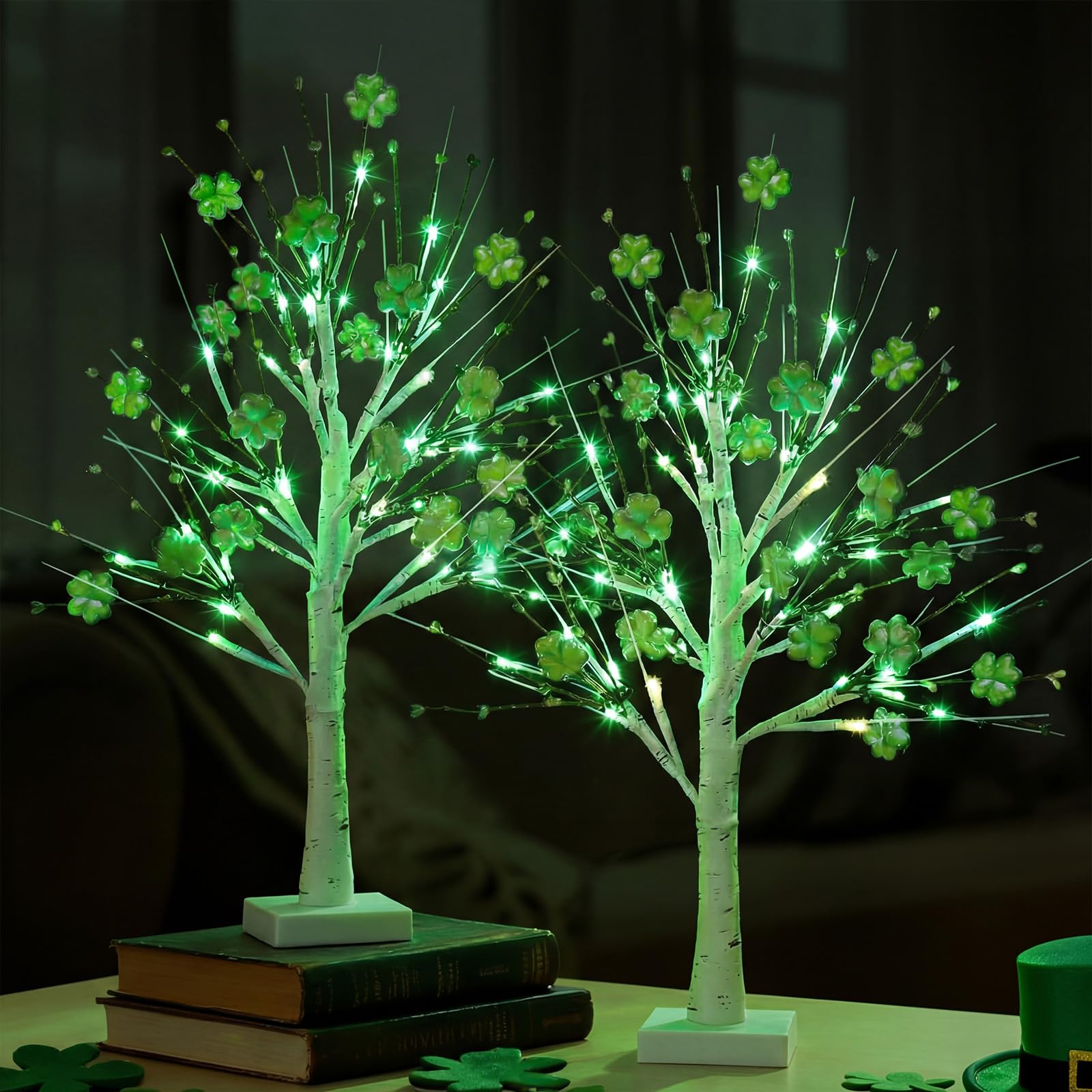 Photo 1 of Baquler 2 PC St Patricks Day Decorations Lighted Shamrock Trees Birch Trees with Shamrock Clover Picks Artificial Pre Lit 24 Inch Irish Themed Table Centerpiece for Home Indoor St. Patricks Day Party