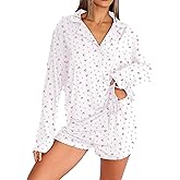 Dressmine Pajama Sets for Women 2 Piece Shorts Cute Button Up Pjs Set Fall Sleepwear Long Sleeve Loungewear Sets