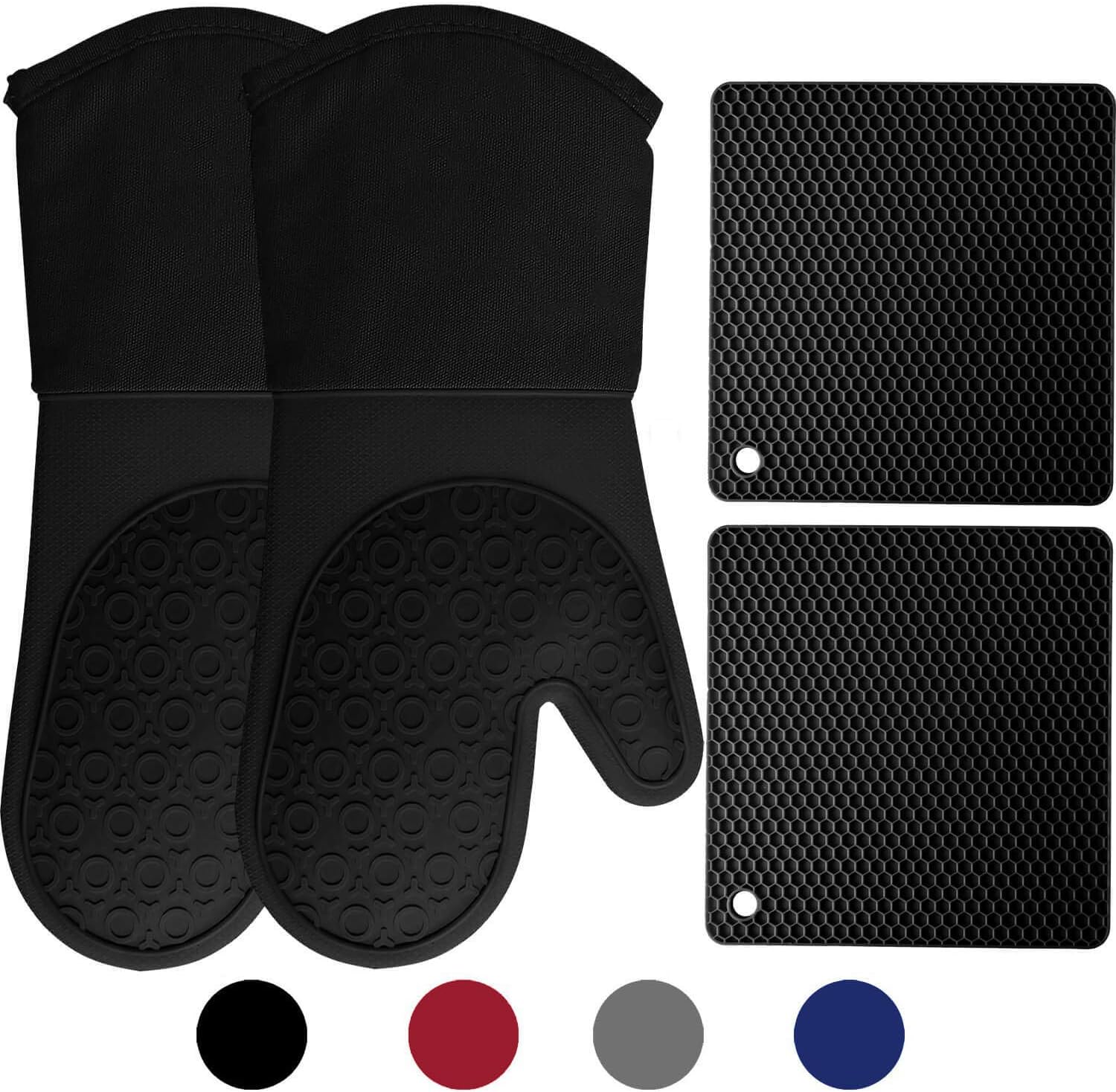 HOMWE Silicone Oven Mitts and Pot Holders, 4-Piece Set, Heavy Duty Cooking Gloves, Kitchen Counter Safe Trivet Mats, Advanced Heat Resistance, Non-Slip Textured Grip, Black: Home & Kitchen