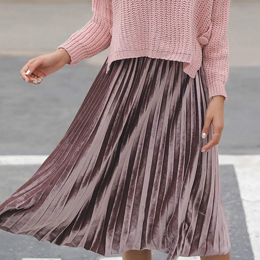 Women Pleated Skirt Fashion Solid High Waist Casual Elegant Elastic Midi Skirt