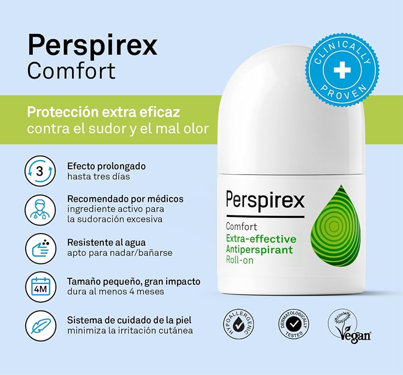 ® | Perspirex Comfort | Desodorante Antitranspirante Axilas Roll on para pieles delicadas con efecto anti sudor duradero hasta 3 días | Controla el sudor y el olor cuidando tu piel | 20 Ml