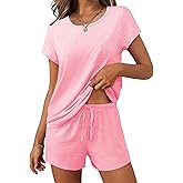Ekouaer Women 2 Piece Pajamas Set Short Sleeve Comfy Lounge Set Round Neck Tops and Shorts Pjs with Pockets