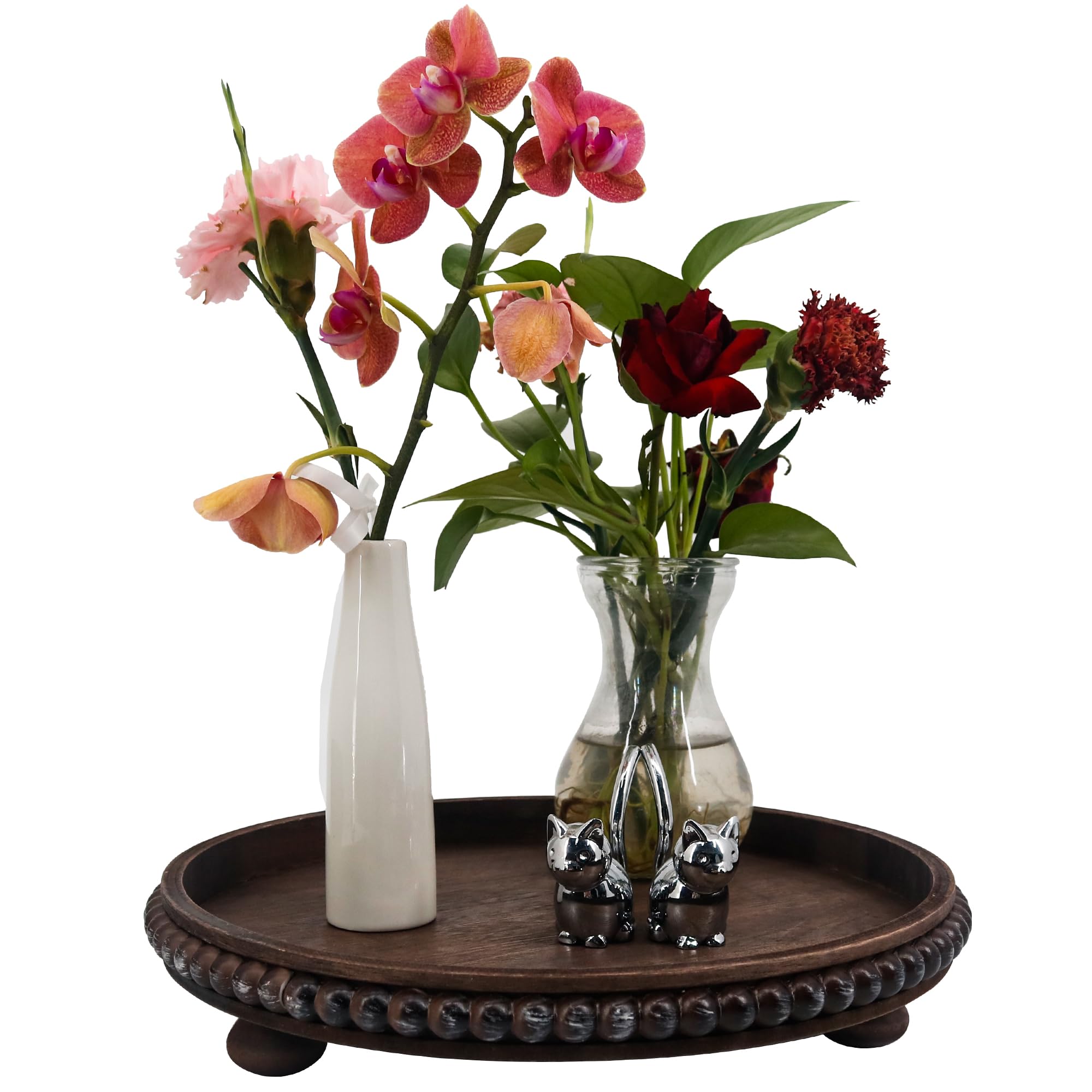 Photo 1 of FramePro Decorative Tray 12in Round Wood Beaded - Brown Serving Tray Risers for Living Room, Coffee Table, Kitchen or Farmhouse Display